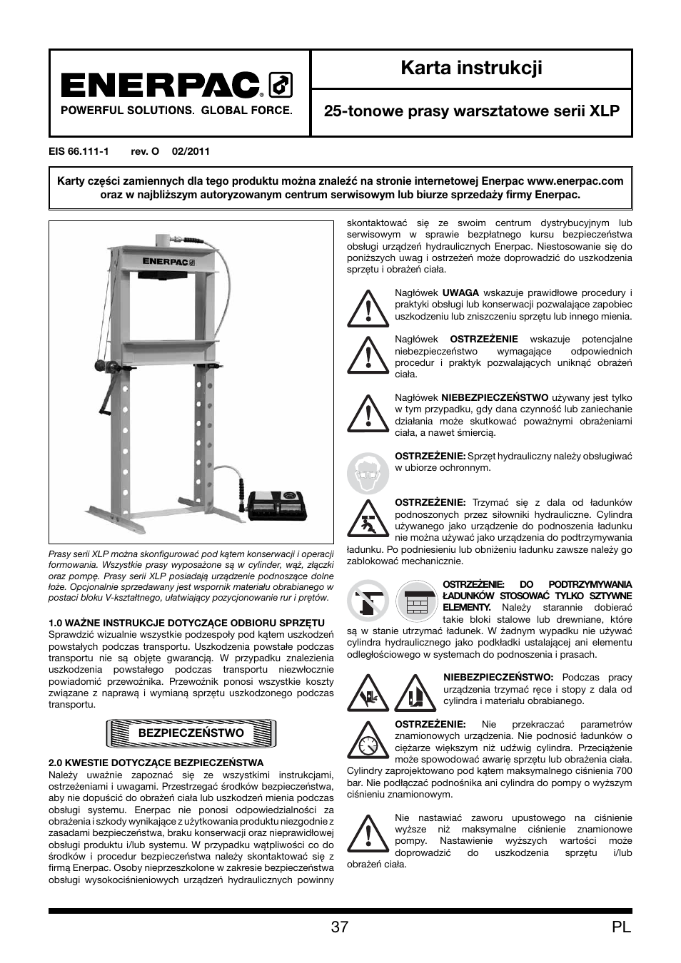 Karta instrukcji, Tonowe prasy warsztatowe serii xlp | Enerpac XLP 25 ton User Manual | Page 37 / 48