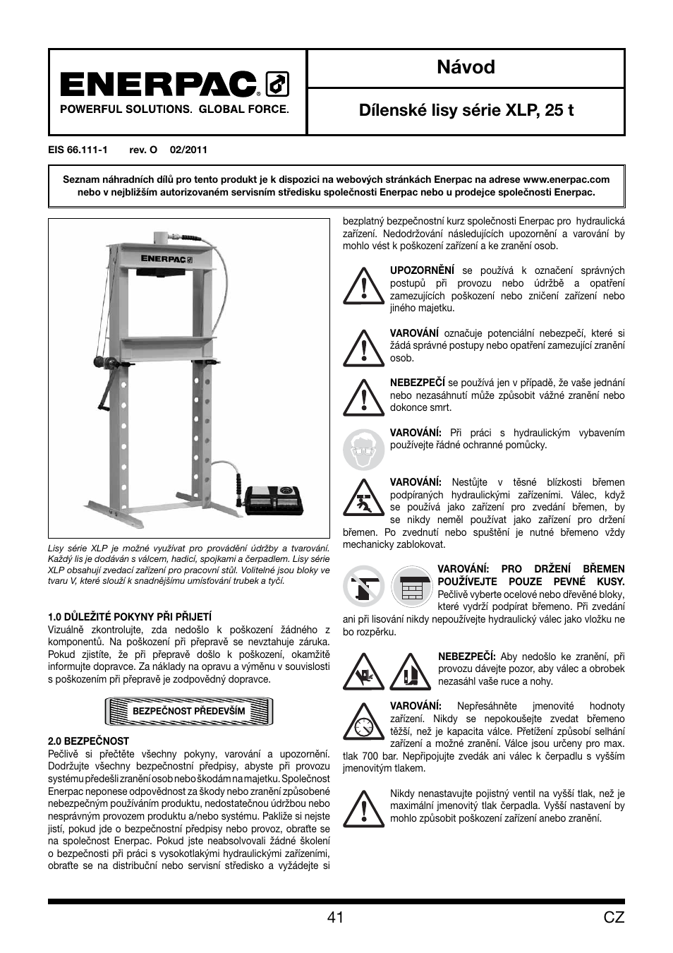 Návod, Dílenské lisy série xlp, 25 t | Enerpac XLP 25 ton User Manual | Page 41 / 48