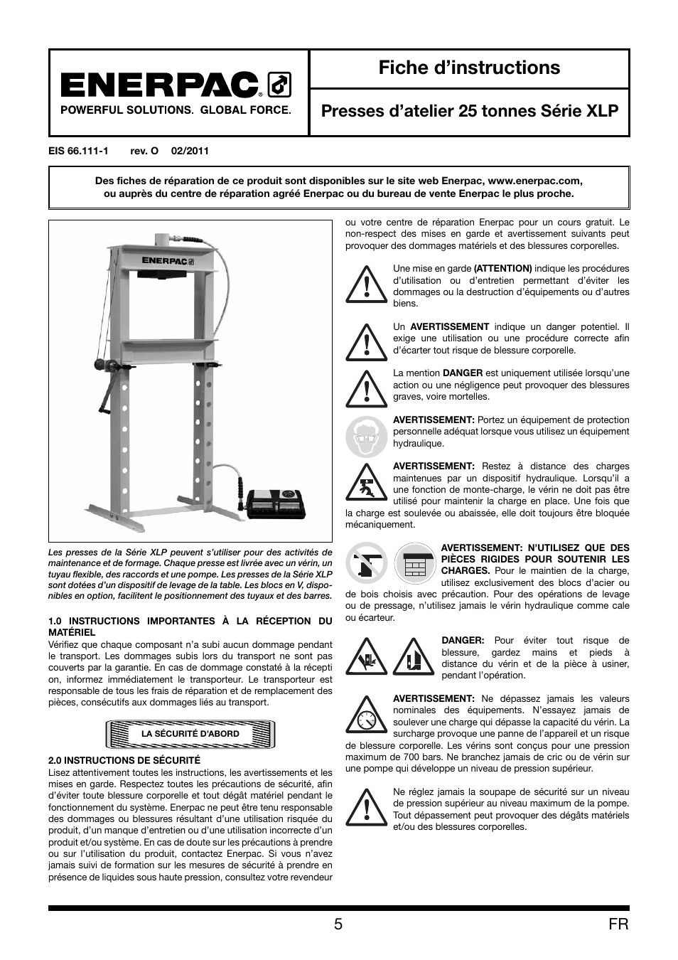 Fiche d’instructions, Presses d’atelier 25 tonnes série xlp | Enerpac XLP 25 ton User Manual | Page 5 / 48
