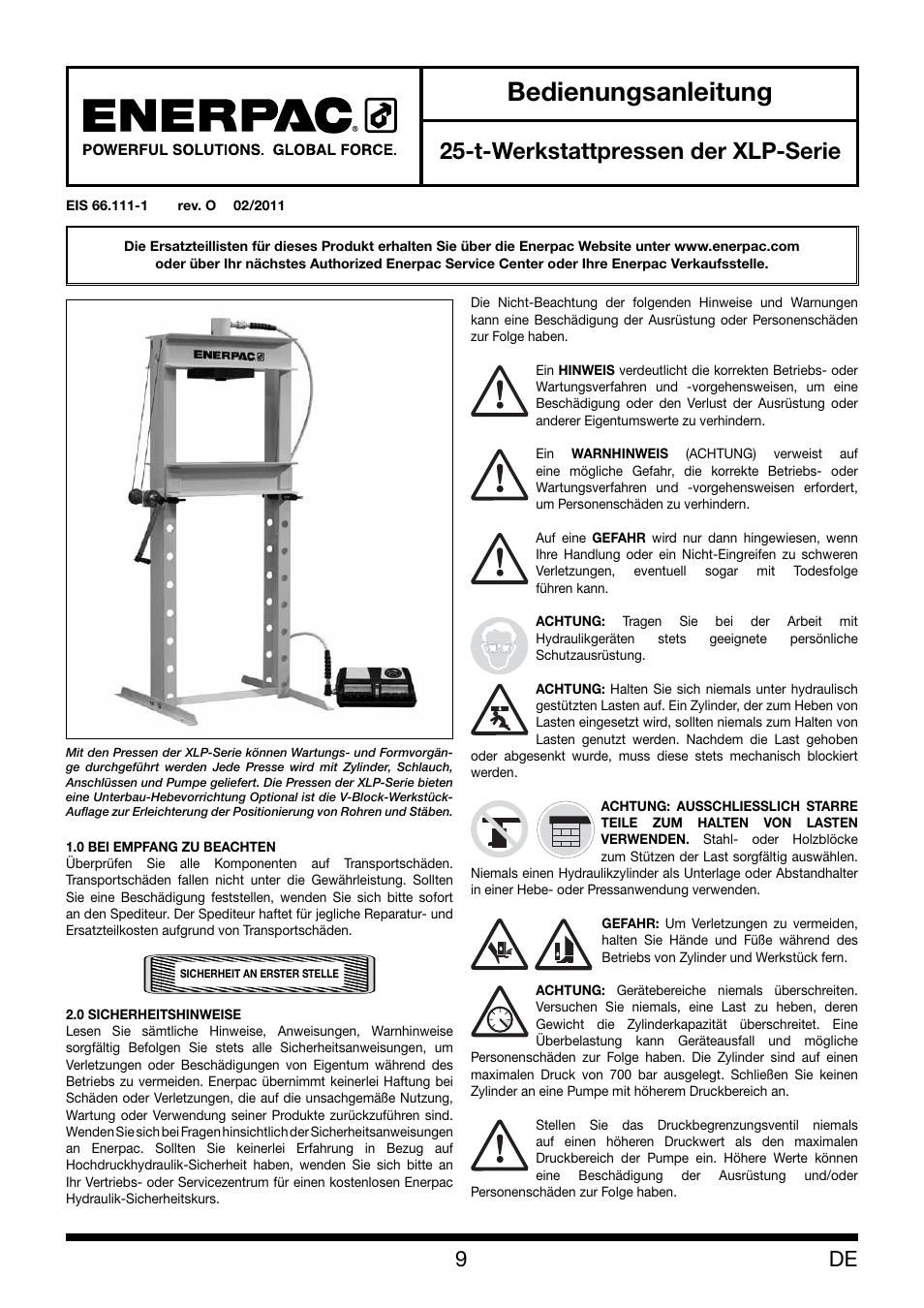 Bedienungsanleitung, T-werkstattpressen der xlp-serie | Enerpac XLP 25 ton User Manual | Page 9 / 48
