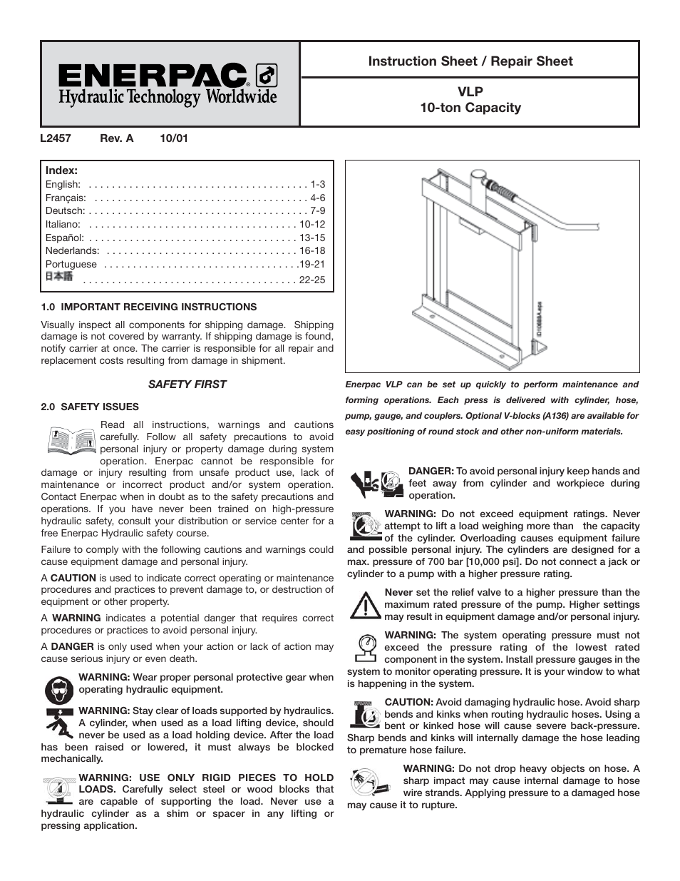 Enerpac VLP 10 ton User Manual | 28 pages