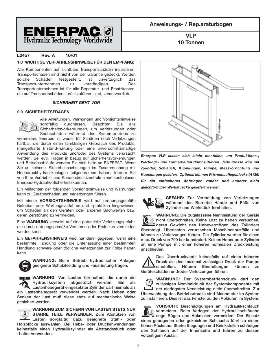 Anweisungs- / rep.araturbogen vlp 10 tonnen | Enerpac VLP 10 ton User Manual | Page 7 / 28