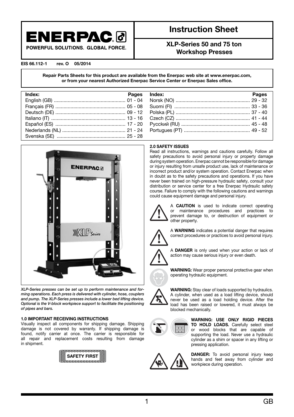 Enerpac XLP 50 and 75 ton User Manual | 52 pages