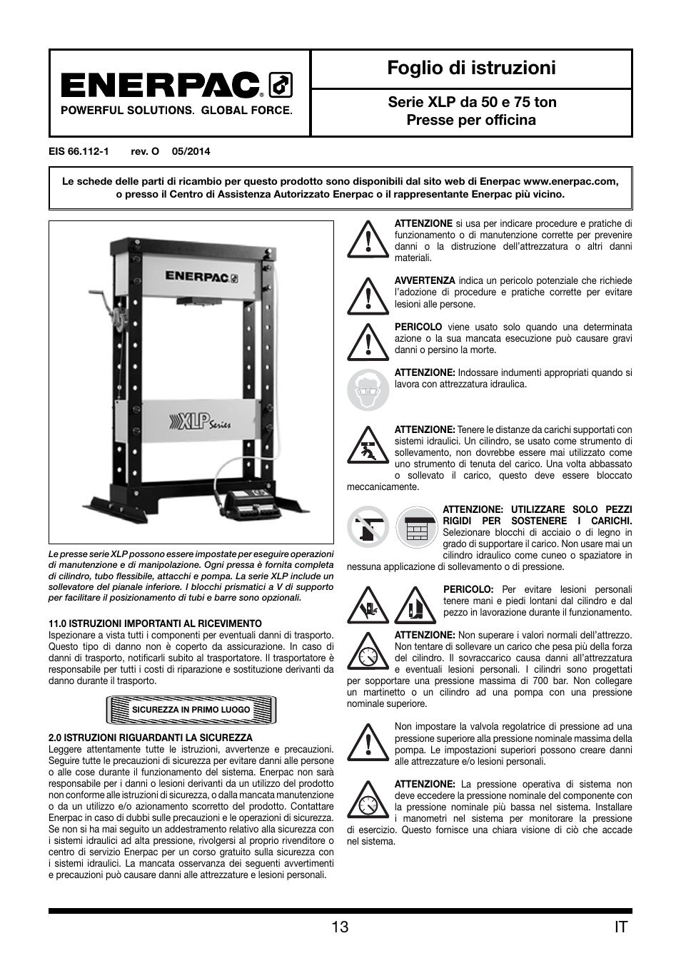 Foglio di istruzioni, Serie xlp da 50 e 75 ton presse per officina | Enerpac XLP 50 and 75 ton User Manual | Page 13 / 52