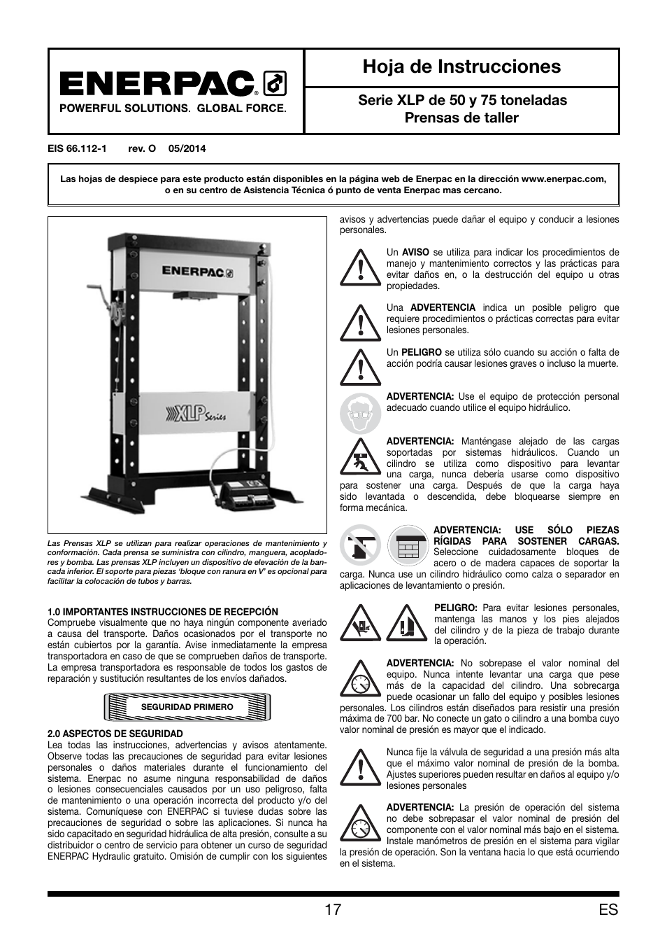 Hoja de instrucciones, Serie xlp de 50 y 75 toneladas prensas de taller | Enerpac XLP 50 and 75 ton User Manual | Page 17 / 52