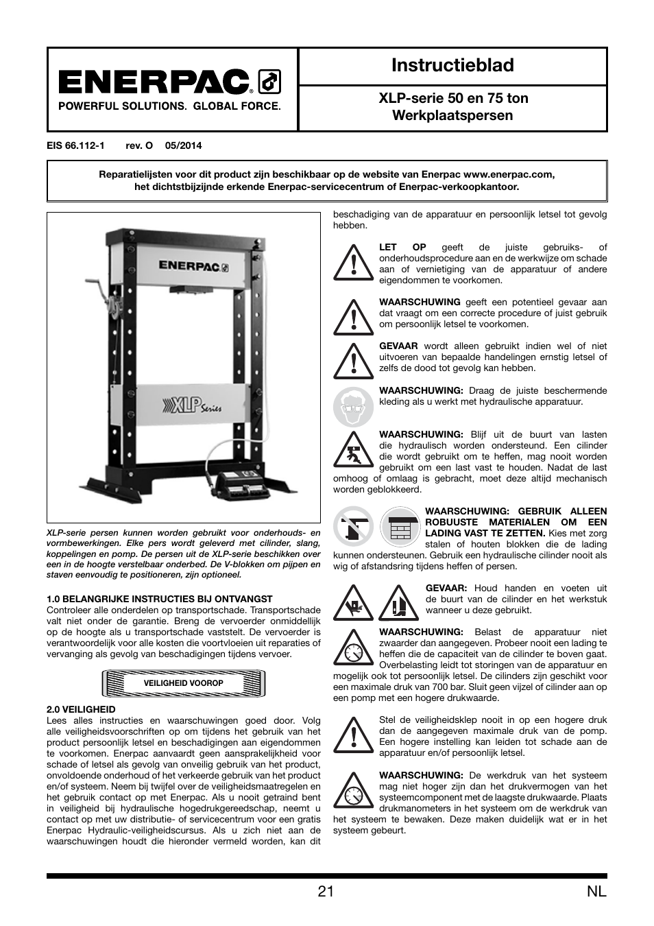 Instructieblad, Xlp-serie 50 en 75 ton werkplaatspersen | Enerpac XLP 50 and 75 ton User Manual | Page 21 / 52