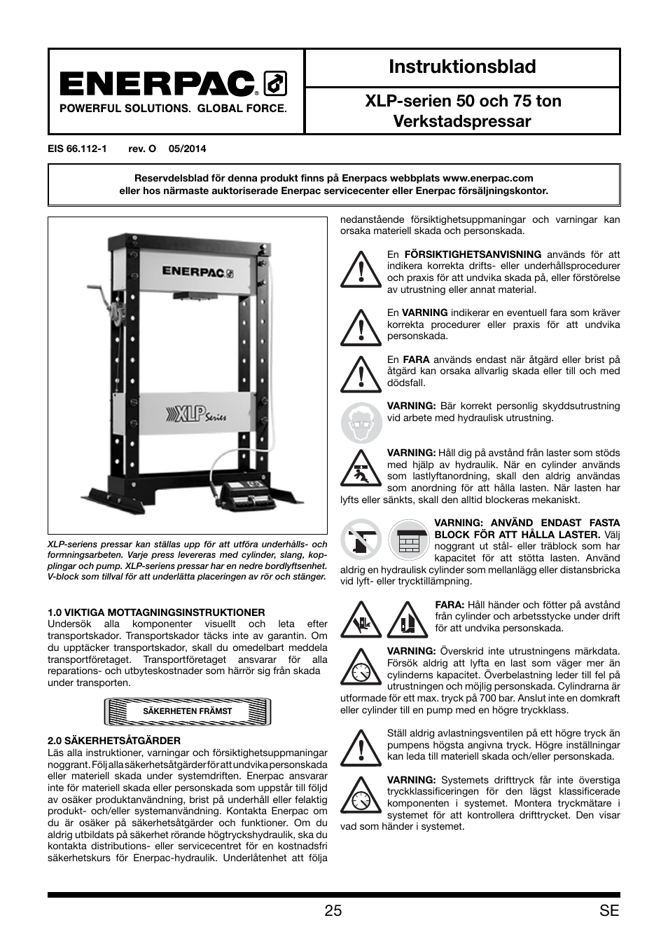 Instruktionsblad, Xlp-serien 50 och 75 ton verkstadspressar | Enerpac XLP 50 and 75 ton User Manual | Page 25 / 52