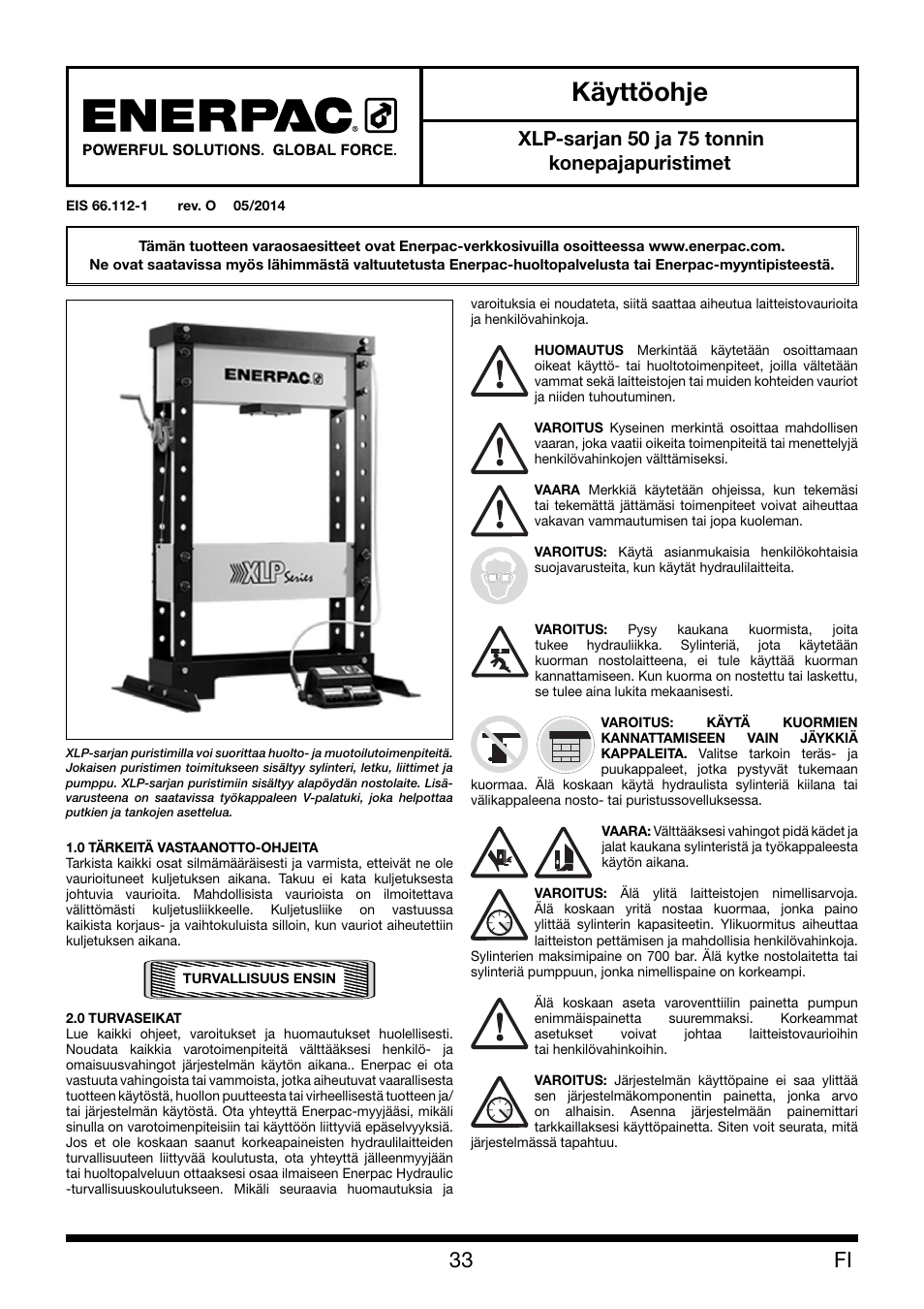 Käyttöohje, Xlp-sarjan 50 ja 75 tonnin konepajapuristimet | Enerpac XLP 50 and 75 ton User Manual | Page 33 / 52