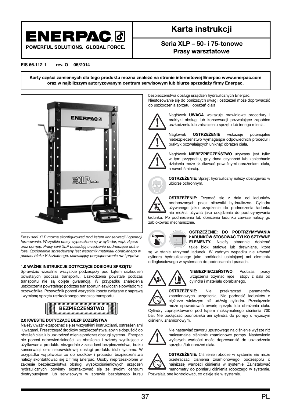 Karta instrukcji, Seria xlp – 50- i 75-tonowe prasy warsztatowe | Enerpac XLP 50 and 75 ton User Manual | Page 37 / 52