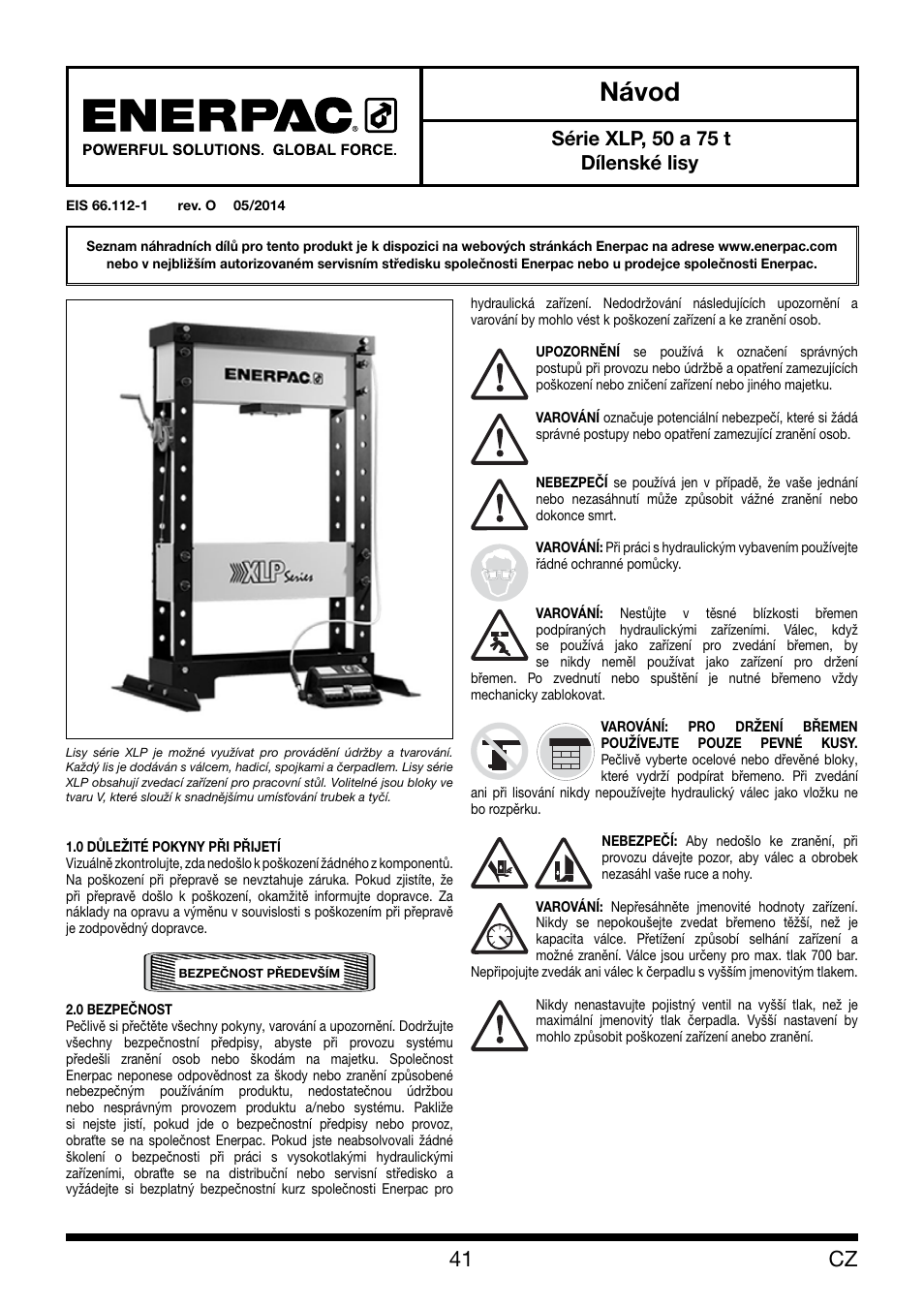 Návod, Série xlp, 50 a 75 t dílenské lisy | Enerpac XLP 50 and 75 ton User Manual | Page 41 / 52