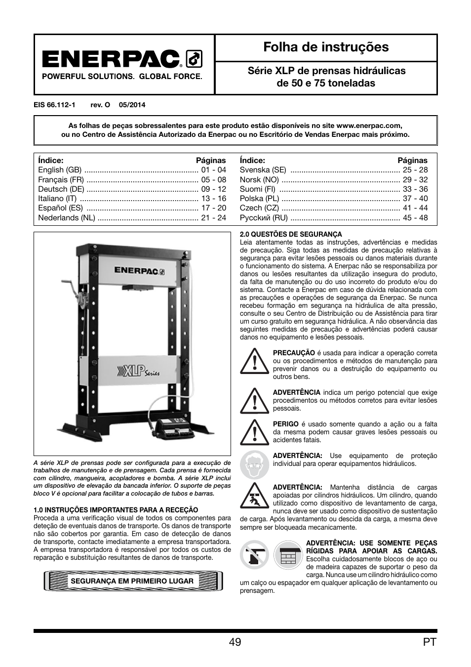 Folha de instruções | Enerpac XLP 50 and 75 ton User Manual | Page 49 / 52