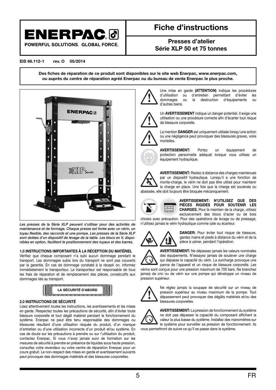 Fiche d’instructions, Presses d’atelier série xlp 50 et 75 tonnes | Enerpac XLP 50 and 75 ton User Manual | Page 5 / 52
