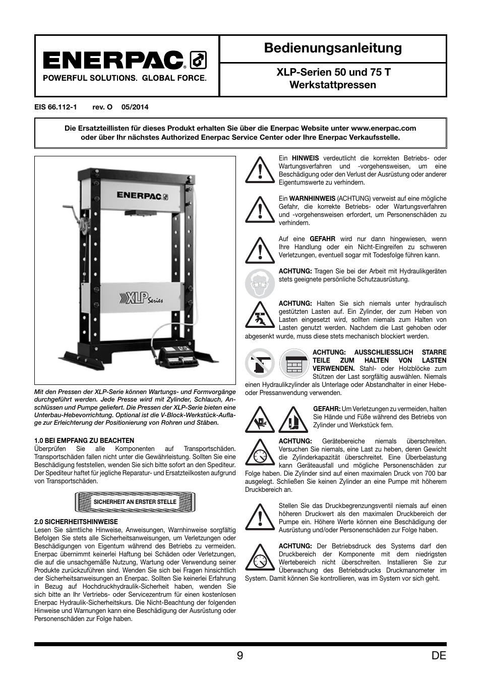 Bedienungsanleitung, Xlp-serien 50 und 75 t werkstattpressen | Enerpac XLP 50 and 75 ton User Manual | Page 9 / 52