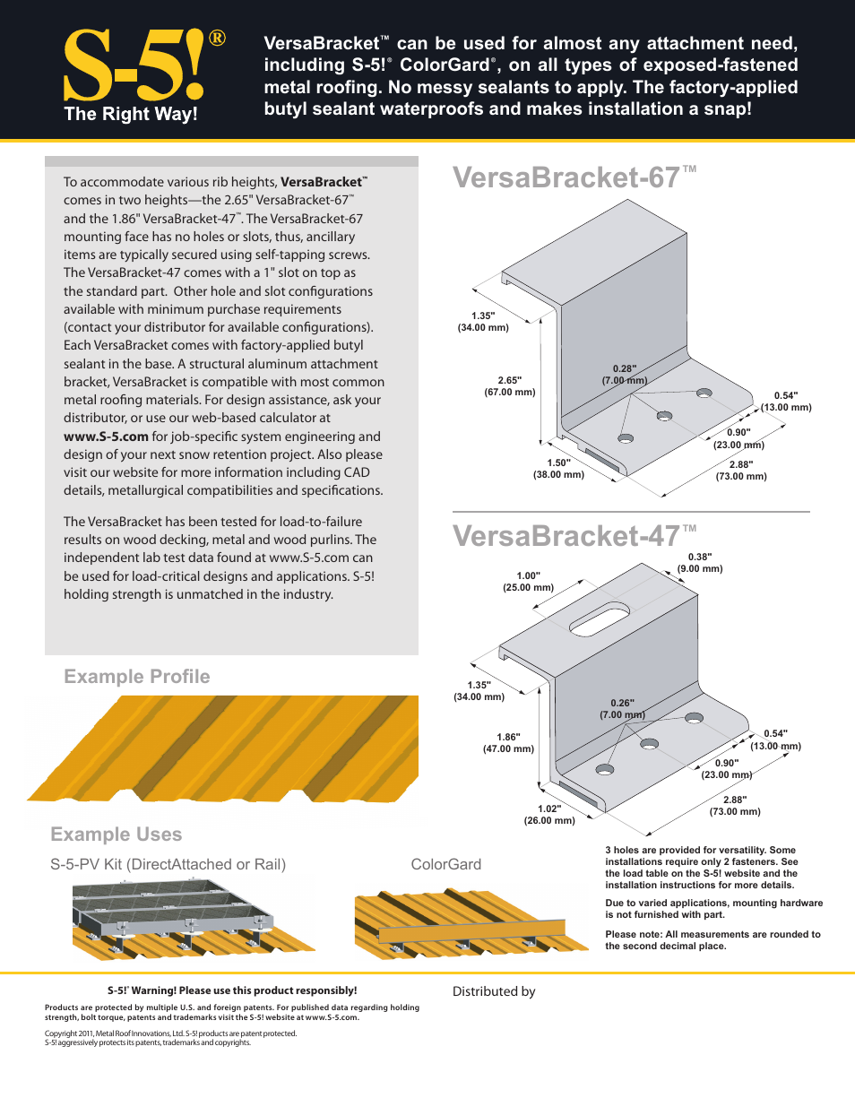 Versabracket-47, Versabracket-67, Example uses example profile | Versabracket, Colorgard | Englert S5 Versa Bracket User Manual | Page 2 / 2