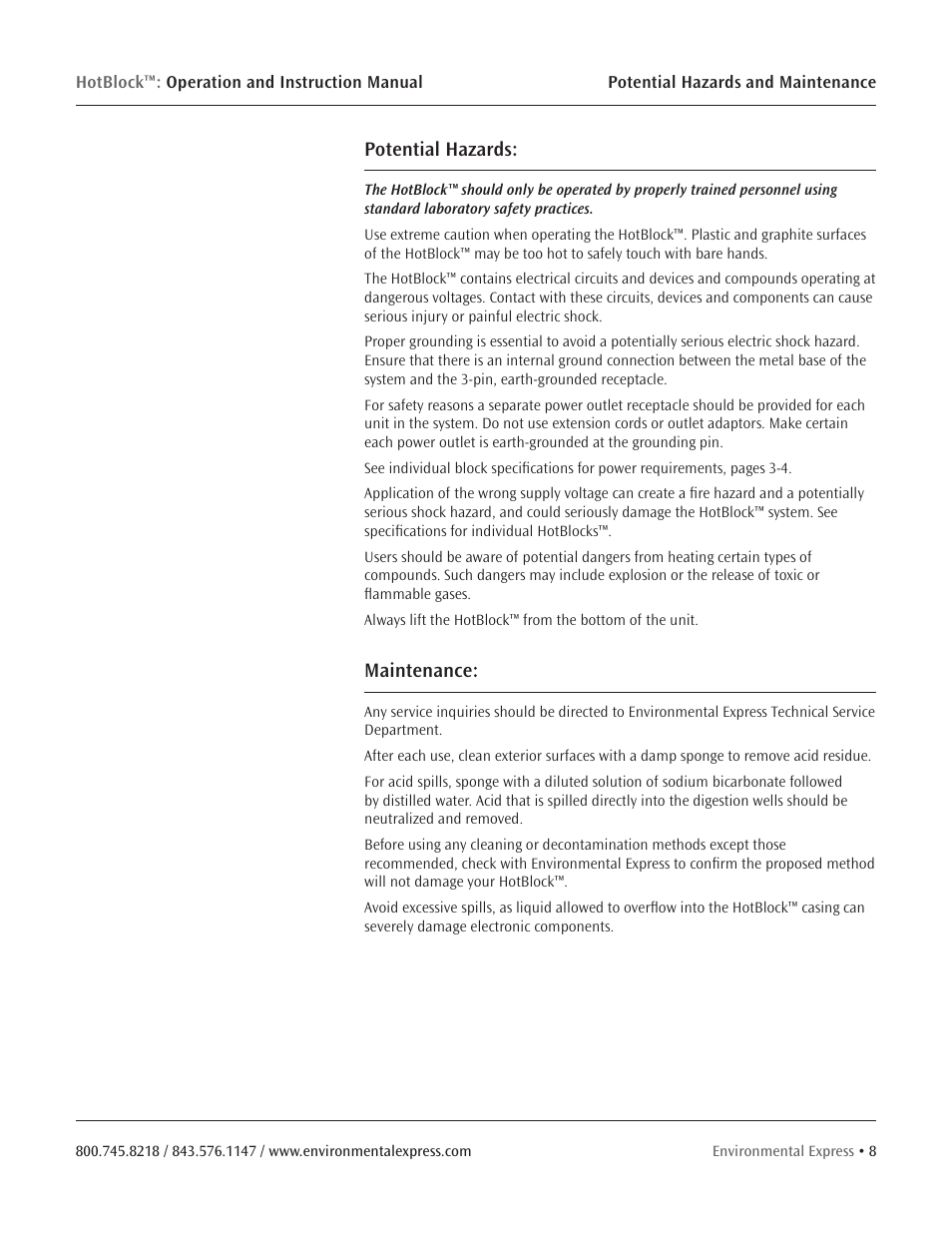 Potential hazards, Maintenance | Environmental Express HotBlock CURRENT User Manual | Page 10 / 38
