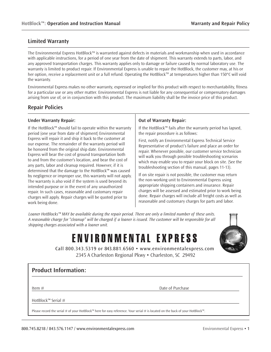 Product information, Limited warranty, Repair policies | Environmental Express HotBlock CURRENT User Manual | Page 3 / 38