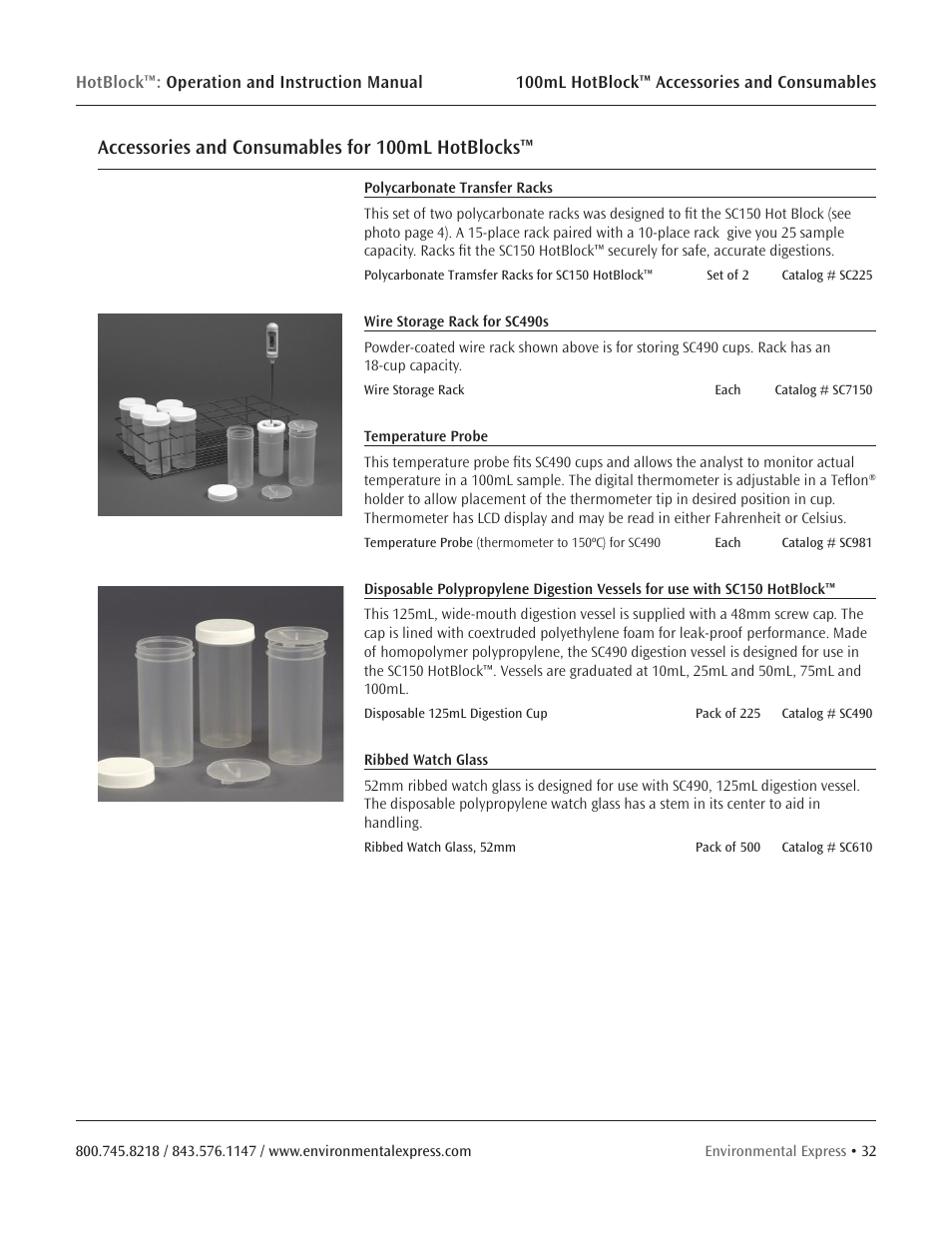 Accessories and consumables for 100ml hotblocks | Environmental Express HotBlock CURRENT User Manual | Page 34 / 38