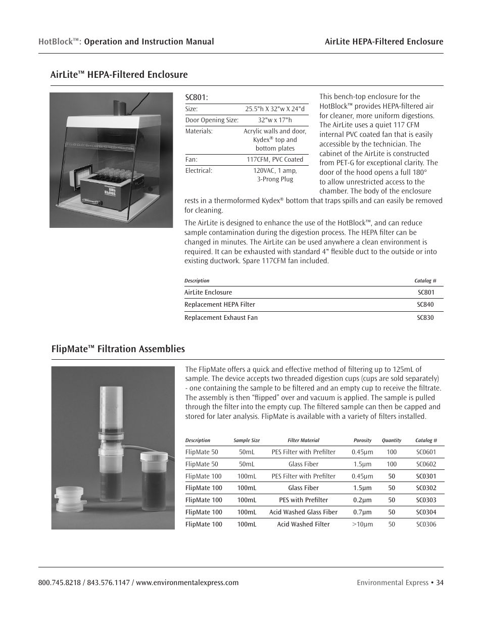 Flipmate™ filtration assemblies, Airlite™ hepa-filtered enclosure | Environmental Express HotBlock CURRENT User Manual | Page 36 / 38