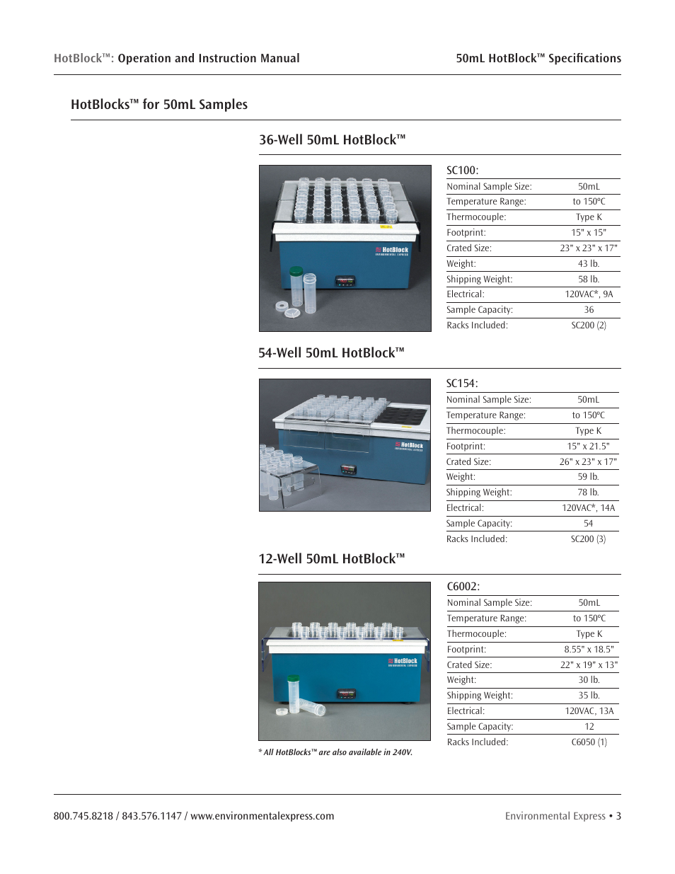 Hotblocks™ for 50ml samples, Well 50ml hotblock | Environmental Express HotBlock CURRENT User Manual | Page 5 / 38