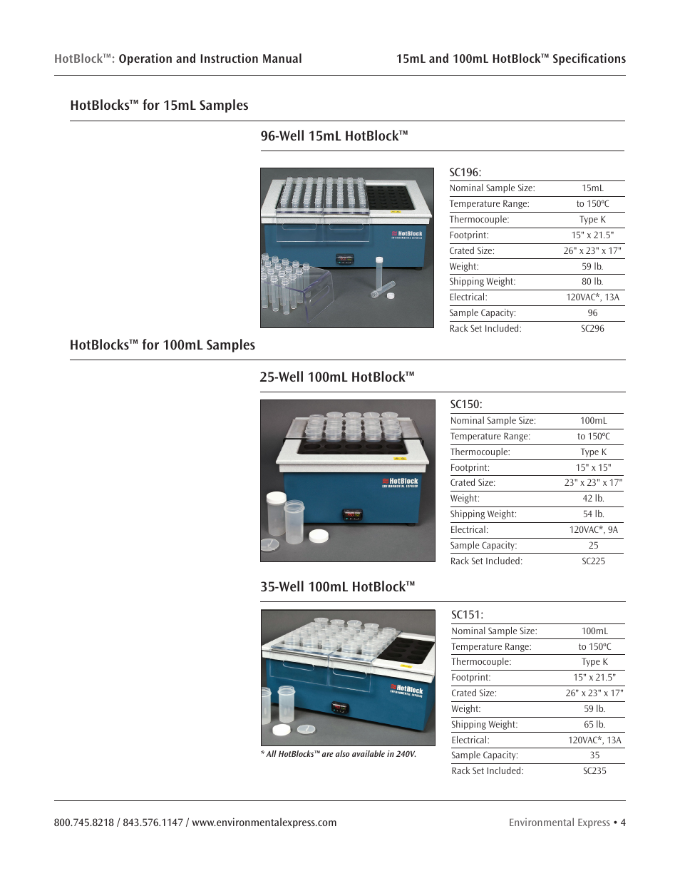 Well 15ml hotblock, Hotblocks™ for 15ml samples, Hotblocks™ for 100ml samples | Environmental Express HotBlock CURRENT User Manual | Page 6 / 38