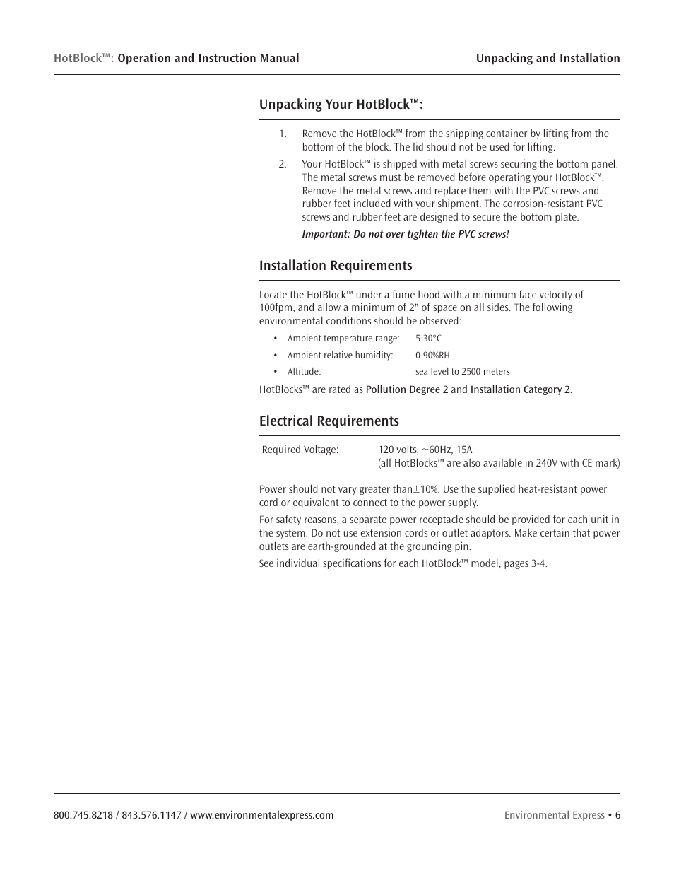 Unpacking your hotblock, Installation requirements, Electrical requirements | Environmental Express HotBlock CURRENT User Manual | Page 8 / 38