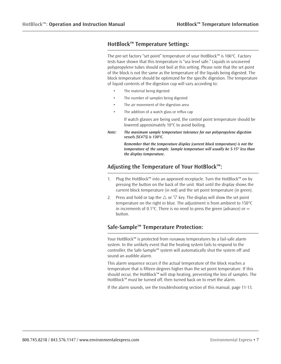 Hotblock™ temperature settings, Adjusting the temperature of your hotblock, Safe-sample™ temperature protection | Environmental Express HotBlock CURRENT User Manual | Page 9 / 38