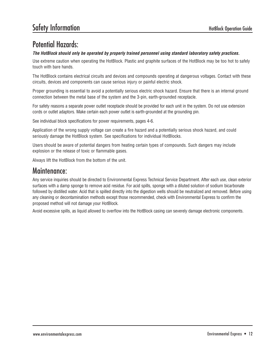 Potential hazards, Maintenance, Safety information | Environmental Express HotBlock CAL 3300 User Manual | Page 13 / 20