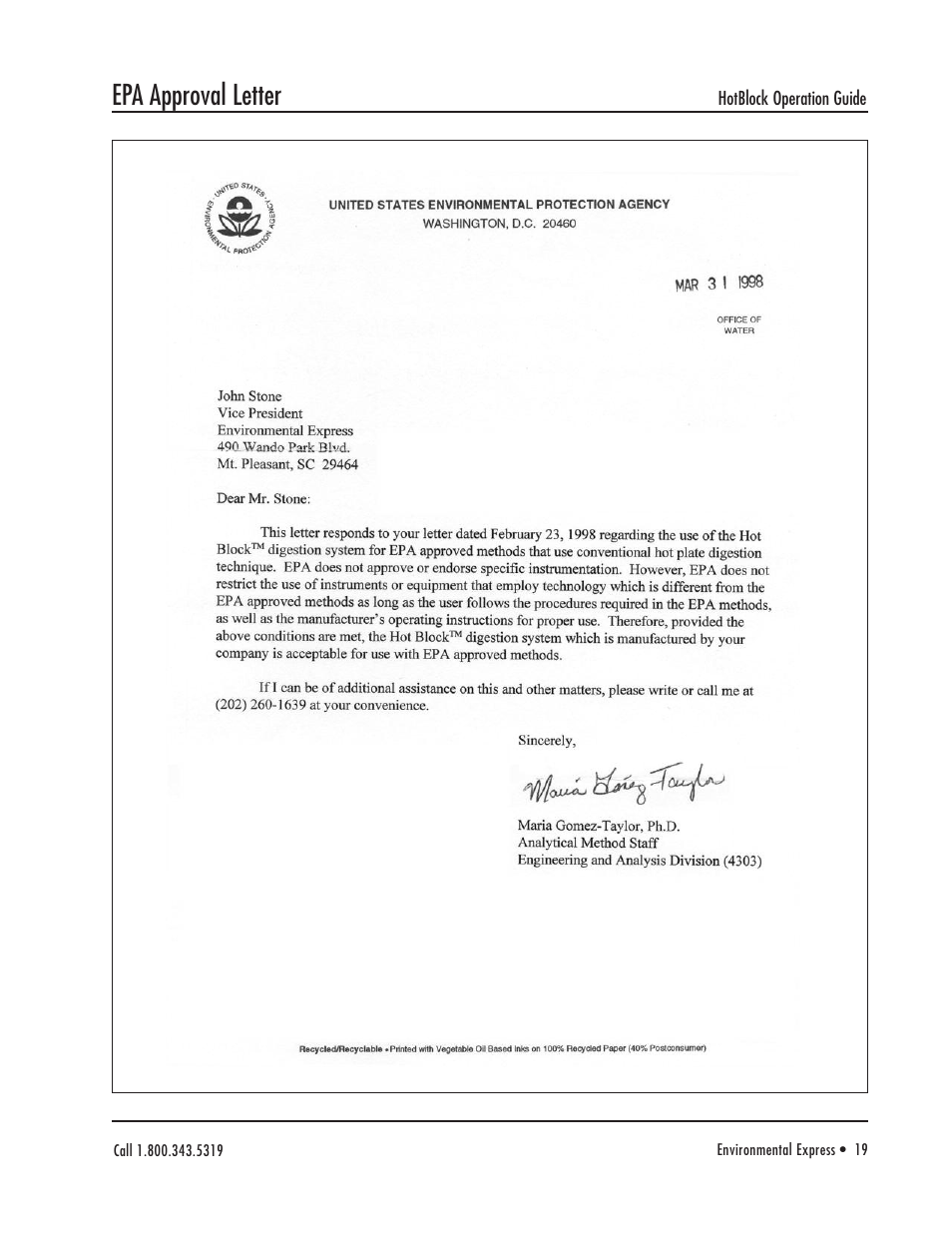Epa approval letter | Environmental Express HotBlock CAL 3300 User Manual | Page 20 / 20