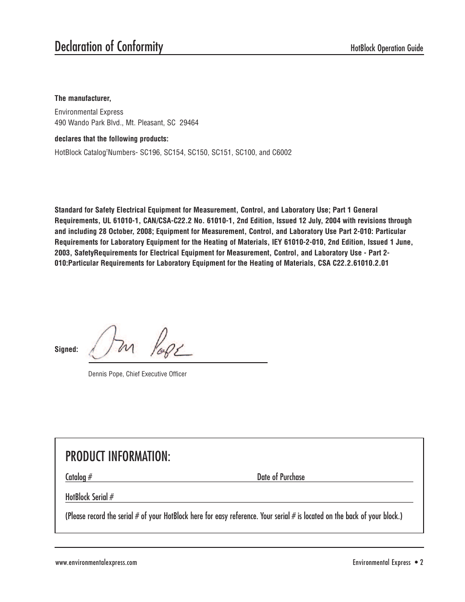 Declaration of conformity, Product information | Environmental Express HotBlock CAL 3300 User Manual | Page 3 / 20