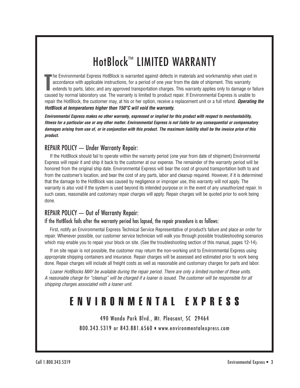 Hotblock, Limited warranty | Environmental Express HotBlock CAL 3300 User Manual | Page 4 / 20