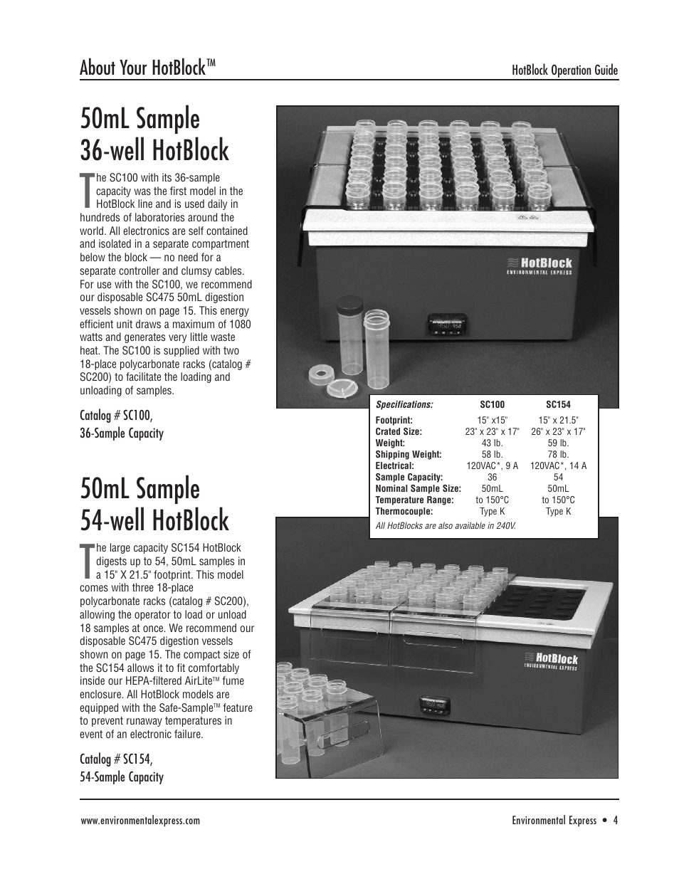 50ml sample 36-well hotblock, 50ml sample 54-well hotblock, About your hotblock | Environmental Express HotBlock CAL 3300 User Manual | Page 5 / 20