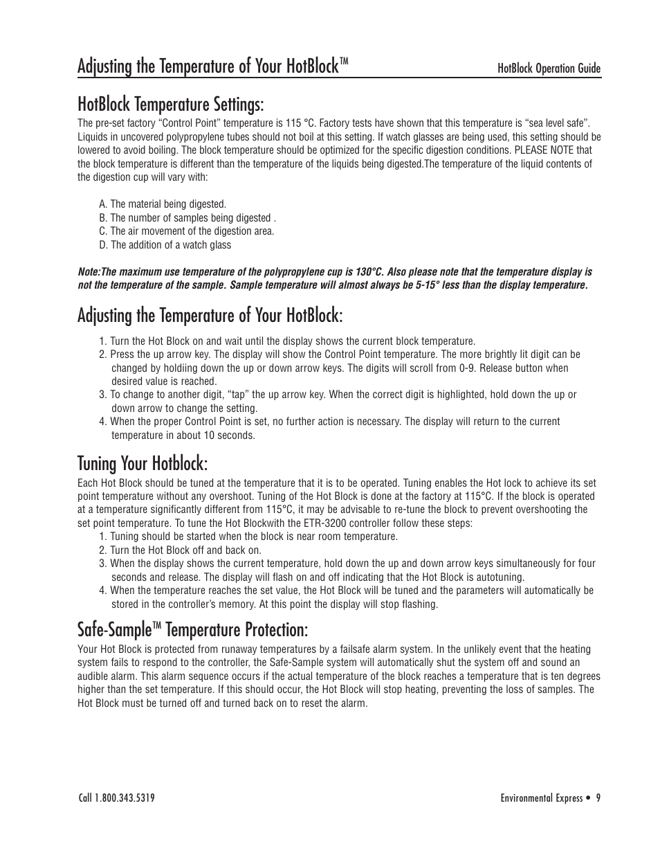 Hotblock temperature settings, Adjusting the temperature of your hotblock, Tuning your hotblock | Safe-sample, Temperature protection | Environmental Express HotBlock Ogden 3200 User Manual | Page 10 / 18