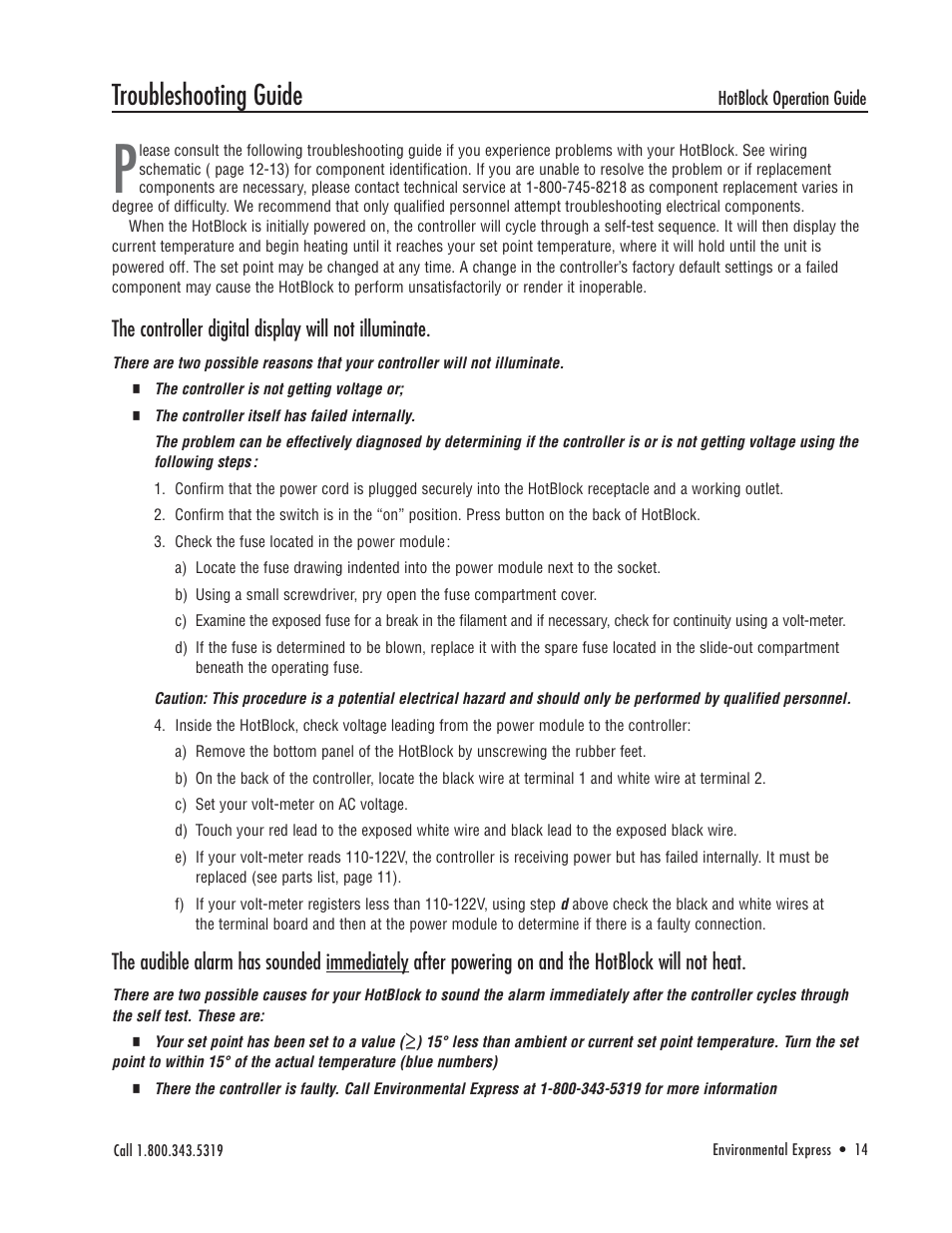 Troubleshooting guide, The controller digital display will not illuminate | Environmental Express HotBlock Ogden 3200 User Manual | Page 15 / 18