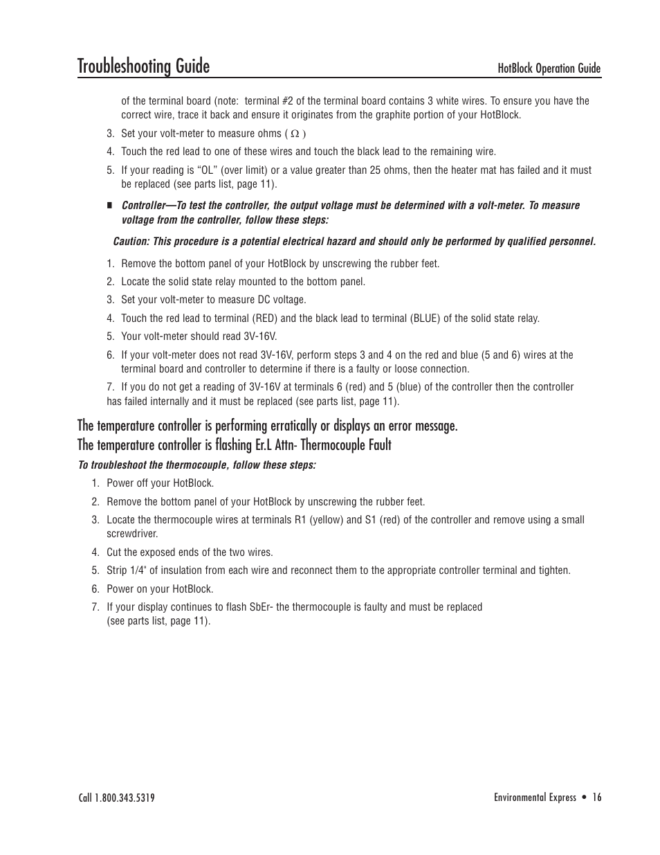 Troubleshooting guide | Environmental Express HotBlock Ogden 3200 User Manual | Page 17 / 18