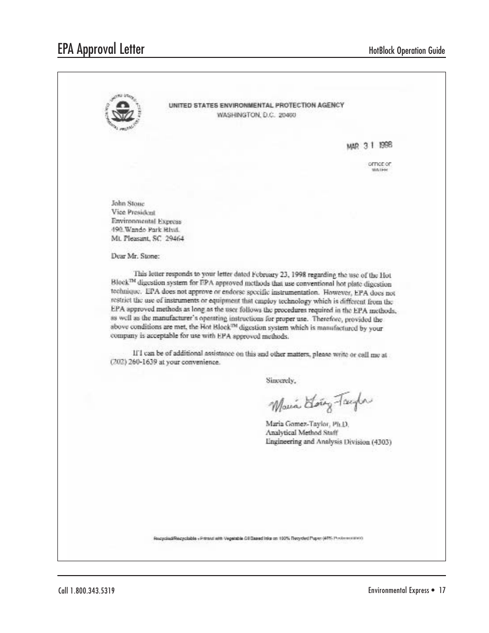 Epa approval letter | Environmental Express HotBlock Ogden 3200 User Manual | Page 18 / 18