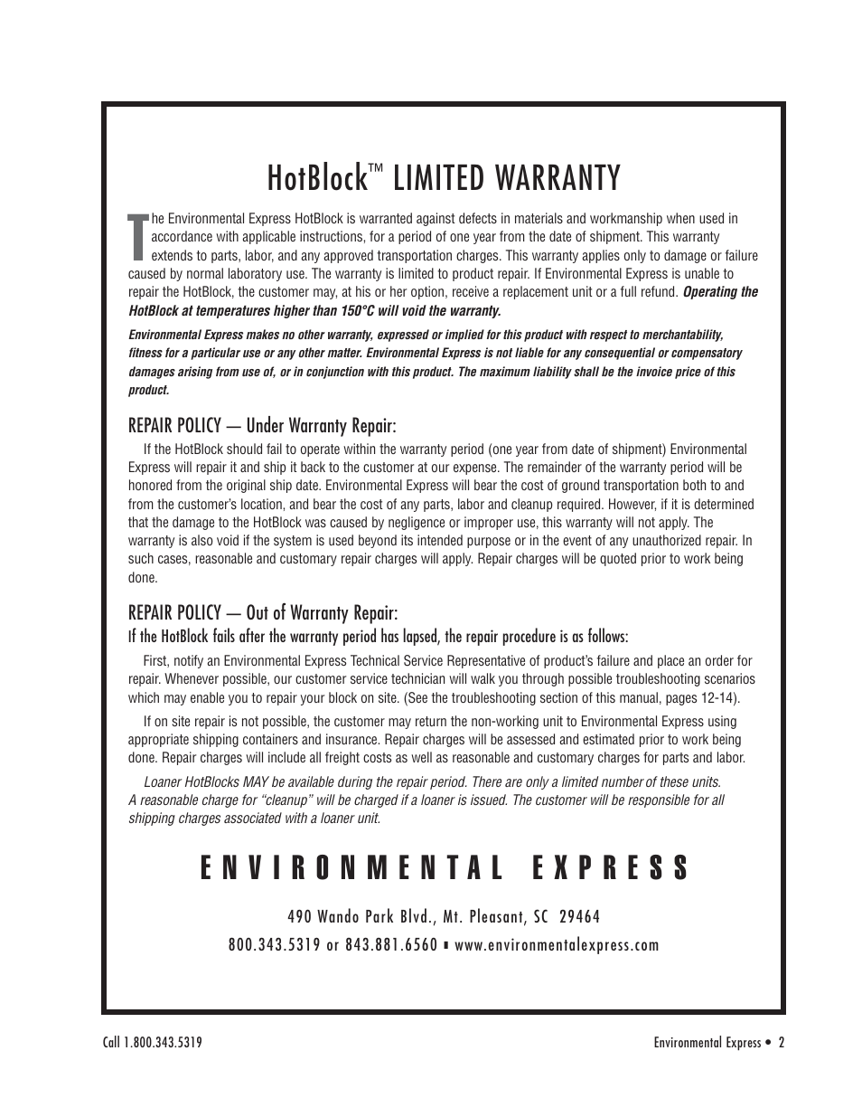 Hotblock, Limited warranty | Environmental Express HotBlock Ogden 3200 User Manual | Page 3 / 18
