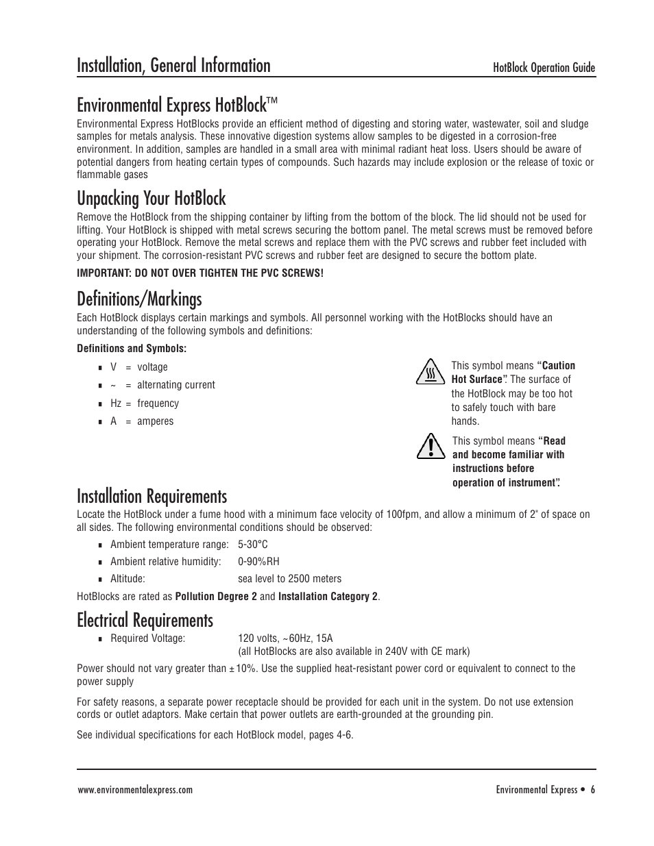Environmental express hotblock, Unpacking your hotblock, Definitions/markings | Installation requirements, Electrical requirements, Installation, general information | Environmental Express HotBlock Ogden 3200 User Manual | Page 7 / 18