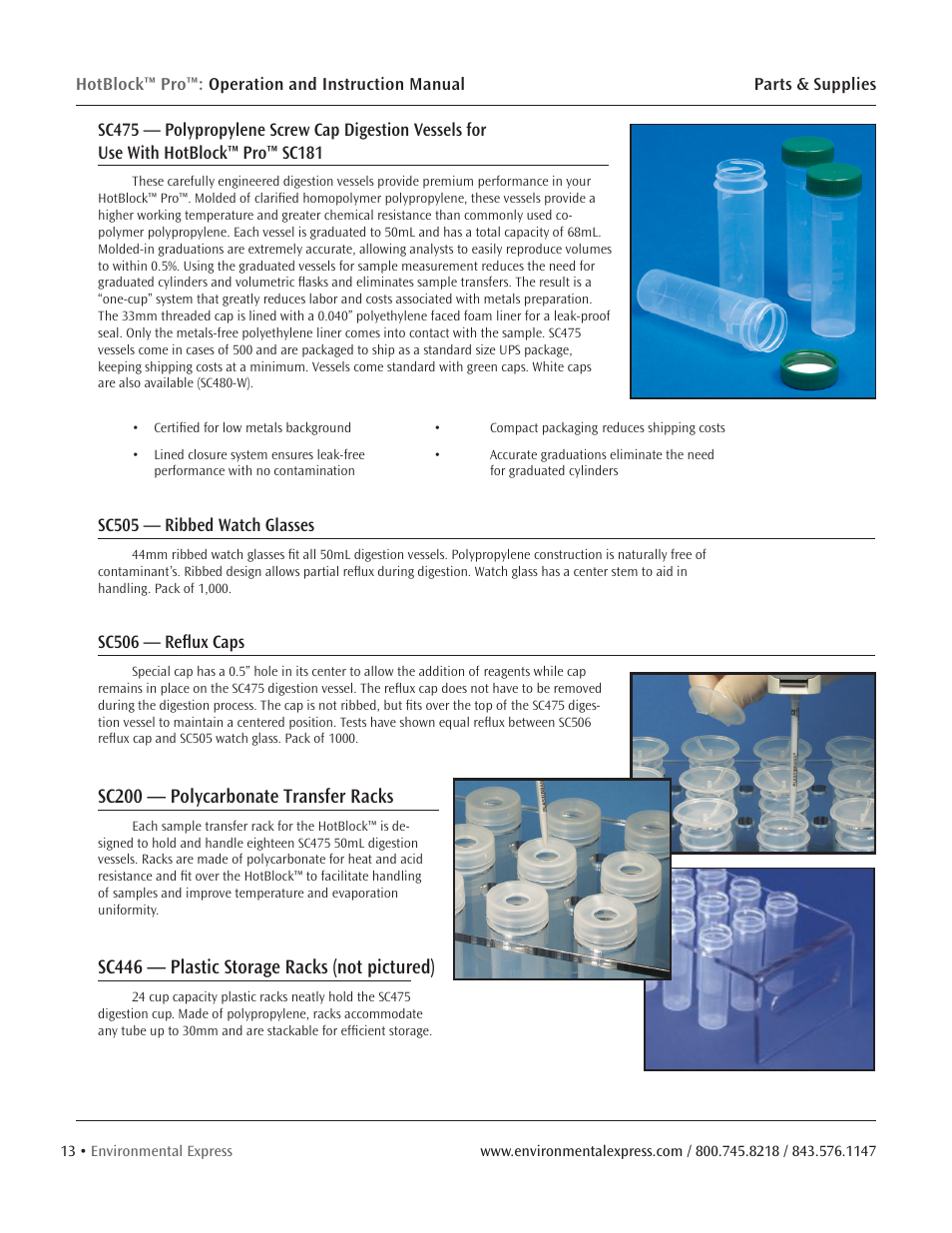 Sc200 — polycarbonate transfer racks, Sc446 — plastic storage racks (not pictured) | Environmental Express HotBlock Pro User Manual | Page 15 / 28