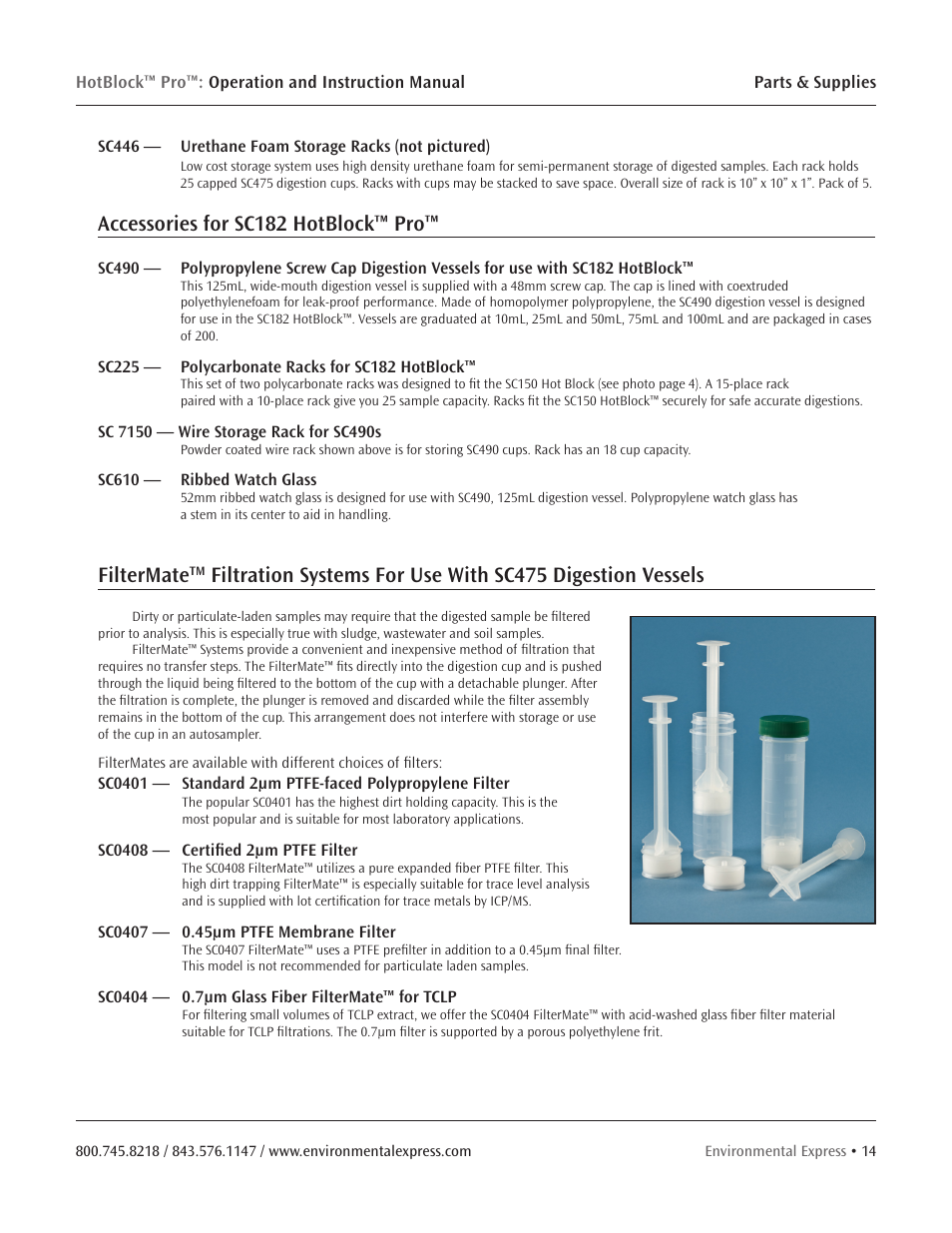 Accessories for sc182 hotblock™ pro, Filtermate | Environmental Express HotBlock Pro User Manual | Page 16 / 28