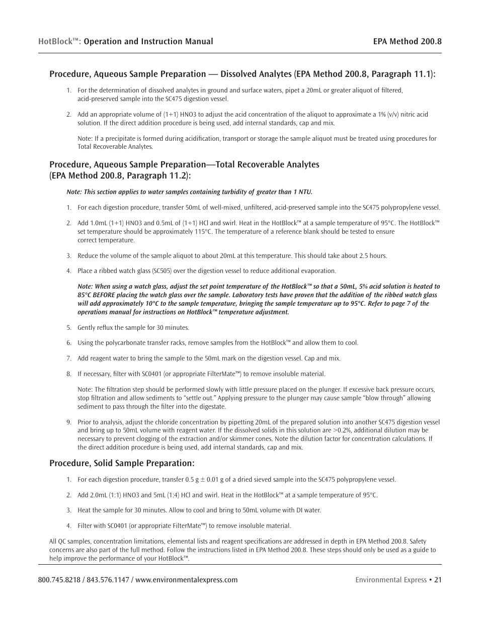 Procedure, solid sample preparation | Environmental Express HotBlock Pro User Manual | Page 23 / 28