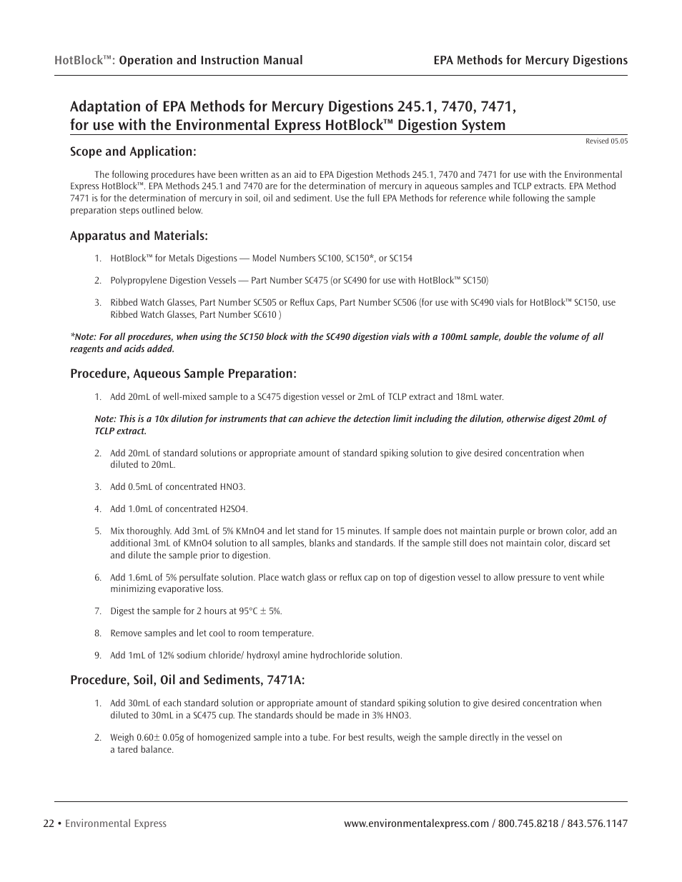 Scope and application, Apparatus and materials, Procedure, aqueous sample preparation | Procedure, soil, oil and sediments, 7471a | Environmental Express HotBlock Pro User Manual | Page 24 / 28