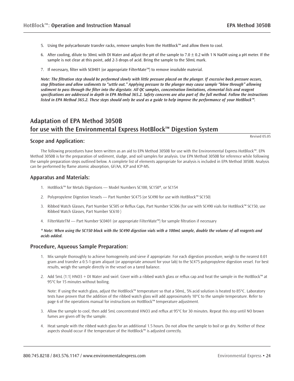 Scope and application, Apparatus and materials, Procedure, aqueous sample preparation | Environmental Express HotBlock Pro User Manual | Page 26 / 28