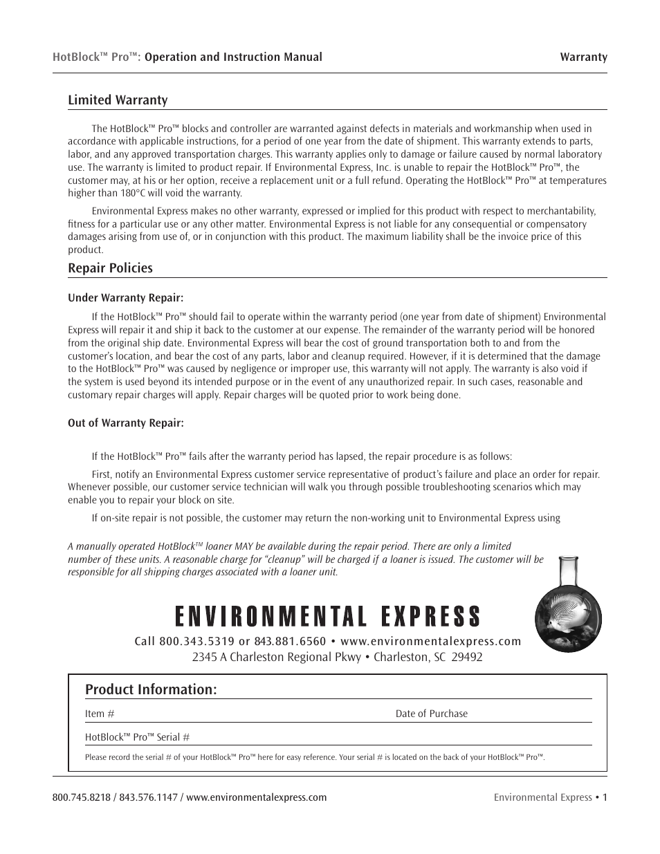 Product information, Limited warranty, Repair policies | Environmental Express HotBlock Pro User Manual | Page 3 / 28