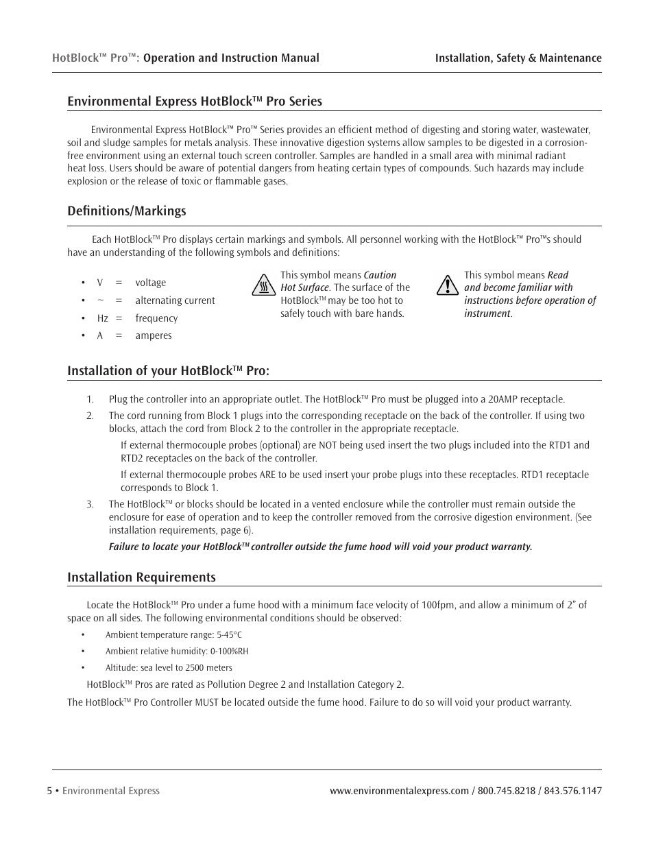 Environmental express hotblock, Pro series, Definitions/markings | Installation of your hotblock, Installation requirements | Environmental Express HotBlock Pro User Manual | Page 7 / 28