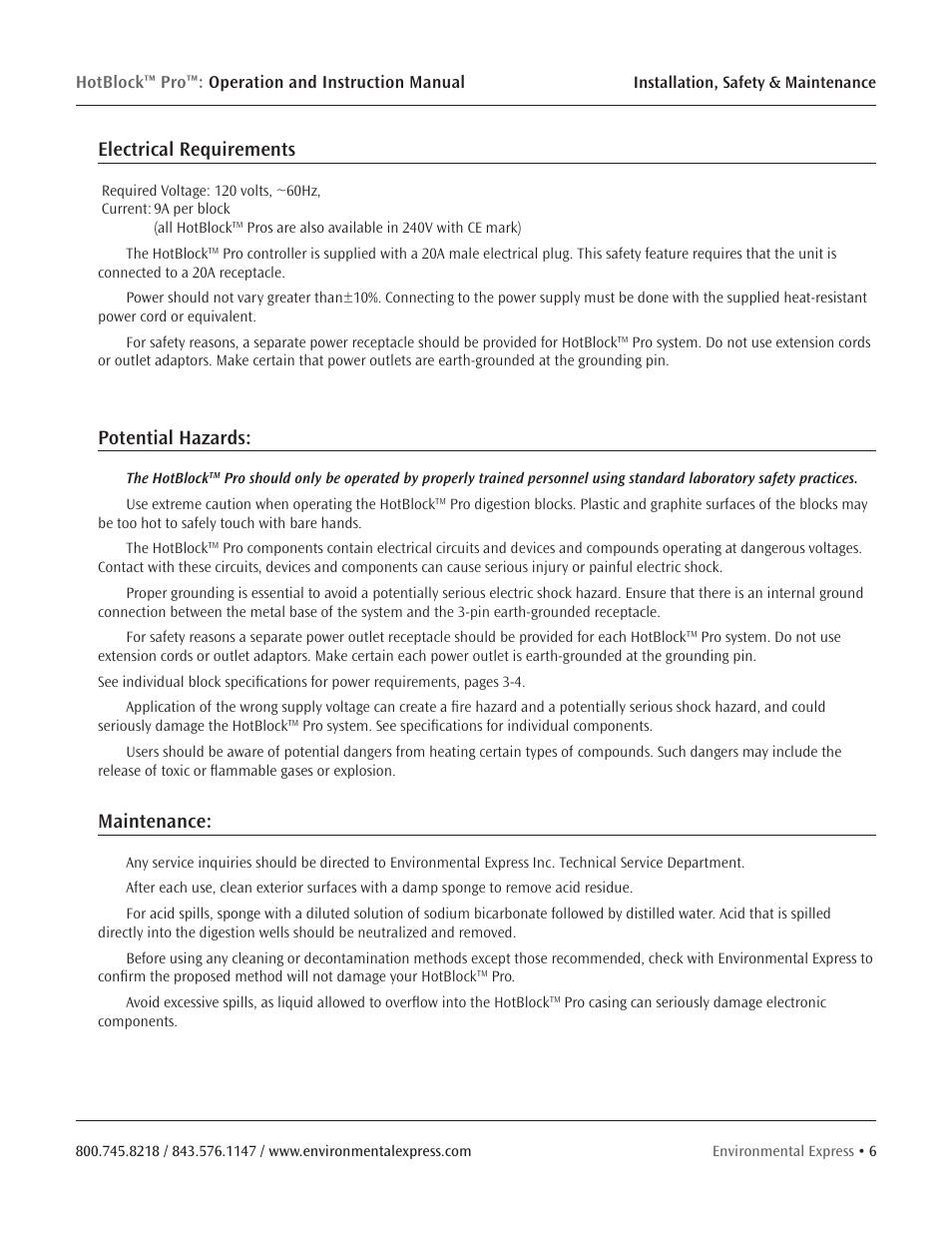 Electrical requirements, Potential hazards, Maintenance | Environmental Express HotBlock Pro User Manual | Page 8 / 28