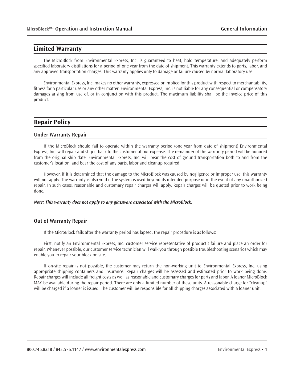 Limited warranty, Repair policy | Environmental Express MicroBloc User Manual | Page 3 / 20
