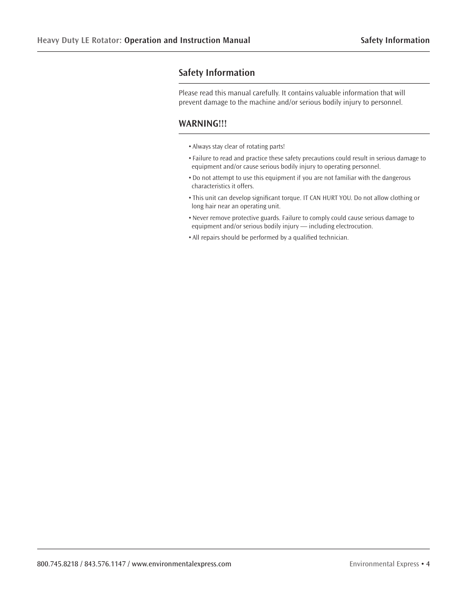 Safety information, Warning | Environmental Express Rotator User Manual | Page 6 / 11