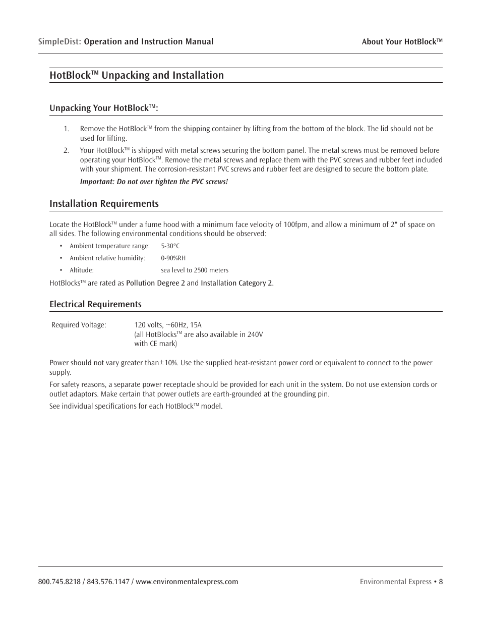 Hotblock, Unpacking and installation, Installation requirements | Unpacking your hotblock, Electrical requirements | Environmental Express SimpleDist User Manual | Page 10 / 24