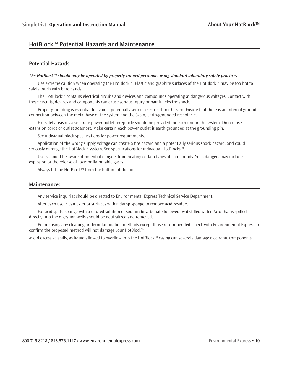 Hotblock, Potential hazards and maintenance, About your hotblock | Potential hazards, Maintenance | Environmental Express SimpleDist User Manual | Page 12 / 24