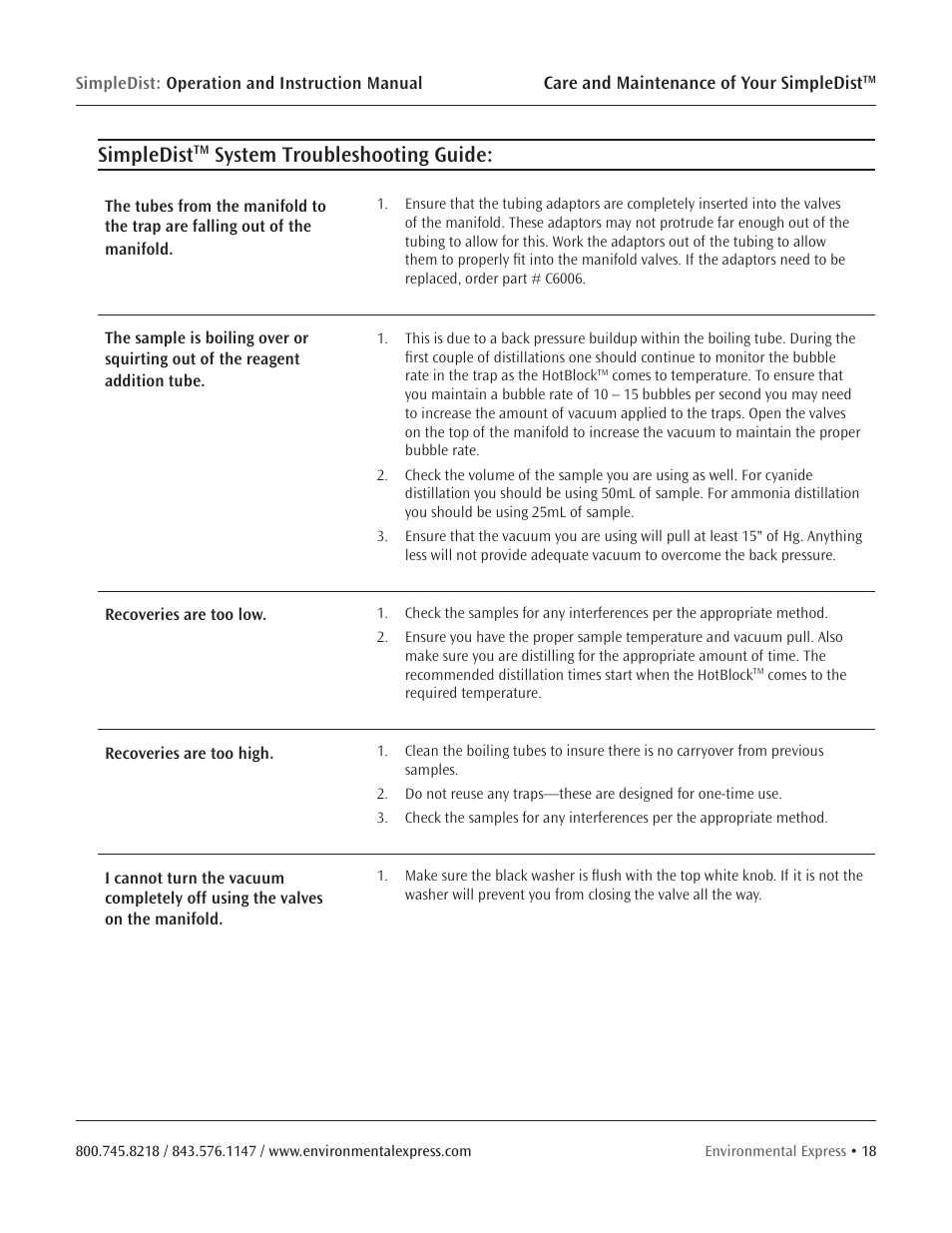 Simpledist, System troubleshooting guide | Environmental Express SimpleDist User Manual | Page 20 / 24